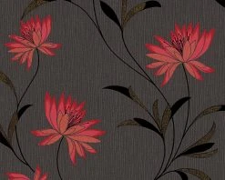 Vinyltapete ATLANTA - rot-schwarz - Blumen - 10 Meter