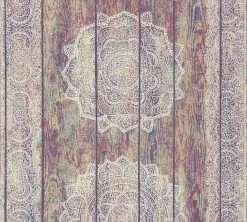 Vliestapete - BOHO LOVE - Holz mit Ornamenten - beige-rot-weiß